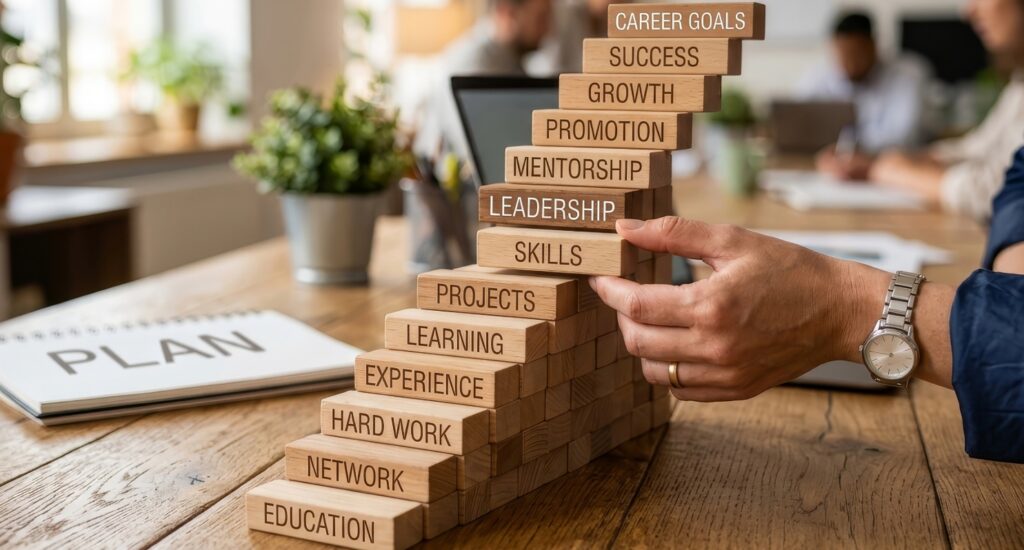 Stack of blocks on a desk with words like Skills and Leadership, leading up to Career Goals at the top.