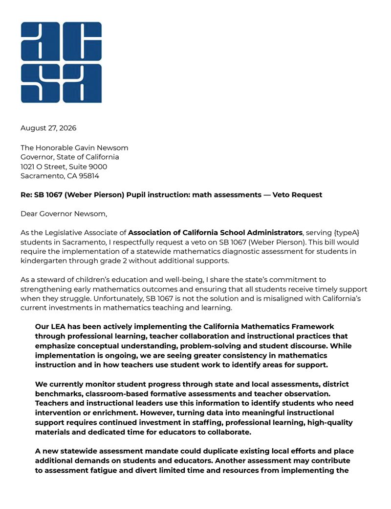 SB 1067 Weber Pierson Request for Veto Letter ACSA